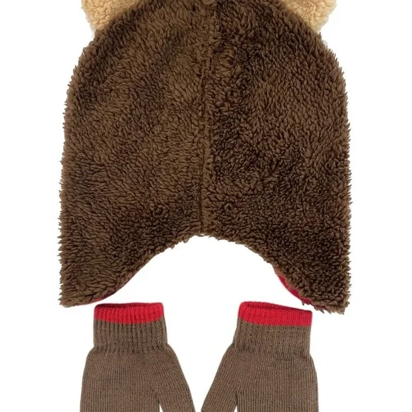 Teddy Bear Brown Kids Toddler Winter Hat and Glove Set Mitten Plaid NWT - Picture 2 of 9